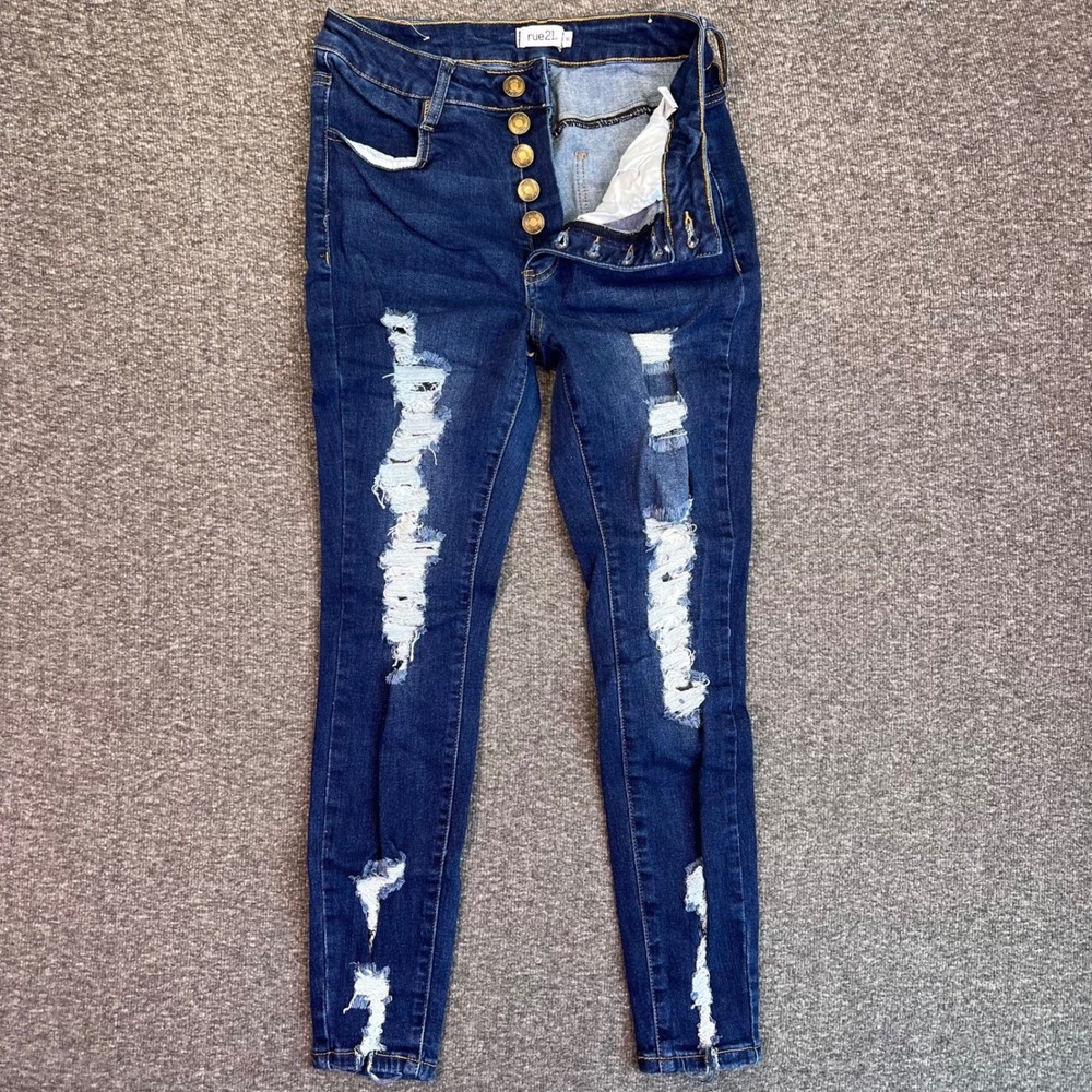 rue21 Distressed Skinny Jeans Womens 10 Blue High Rise Button Fly Ripped Casual